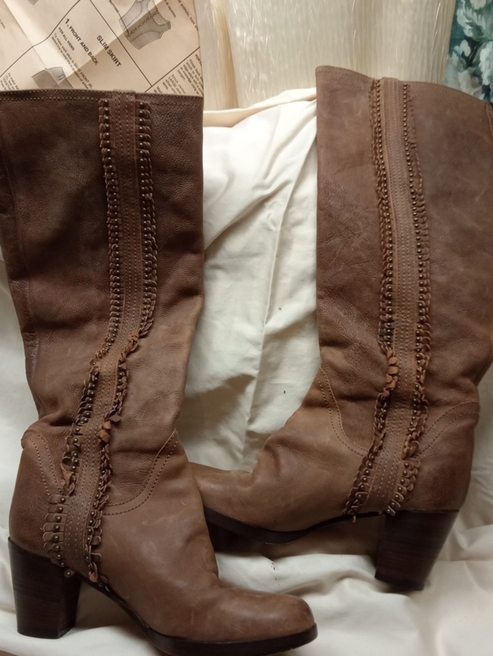 Brown Women's Mid-Calf Leather Boots with Decorative Stitching